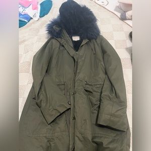 Loft olive green cargo jacket with faux fur lining and hood